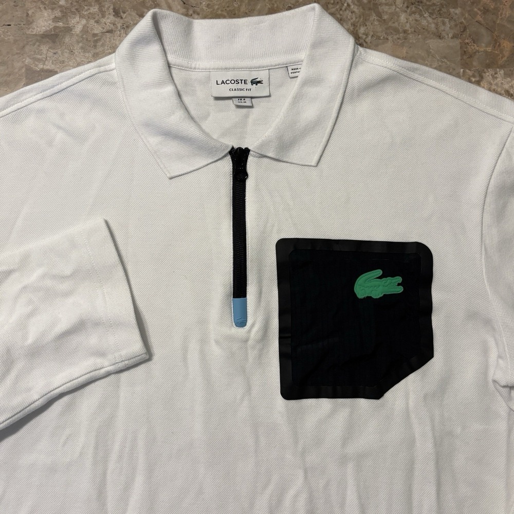 Lacoste Polo Shirt Mens Medium White Long Sleeve Zip Collar Tech Pocket Logo